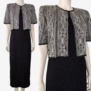 Vintage 1990s Black White Heavily Beaded Maxi Dress With Attached Jacket